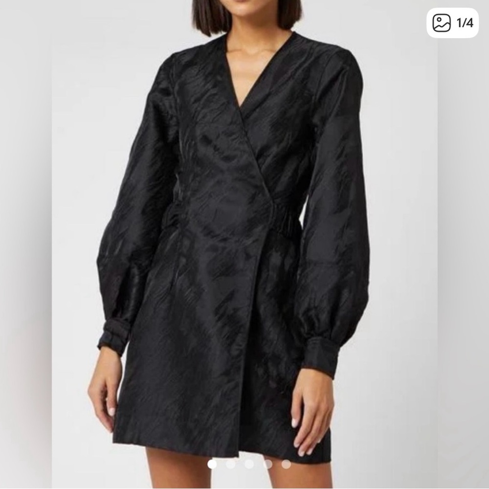 Ganni Black Wrap Mini Dress with Balloon Sleeves